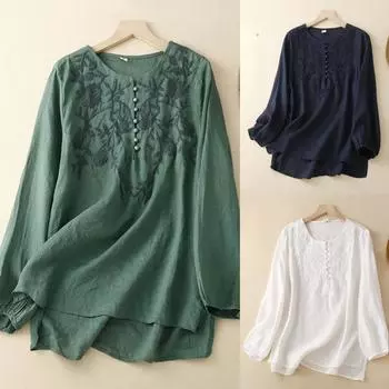 Женская хлопково-льняная рубашка с длинными рукавами с вышивкой, однотонная свободная литературная весенняя блузка в стиле ретро, темпераментная женская рубашка S армия зеленый
