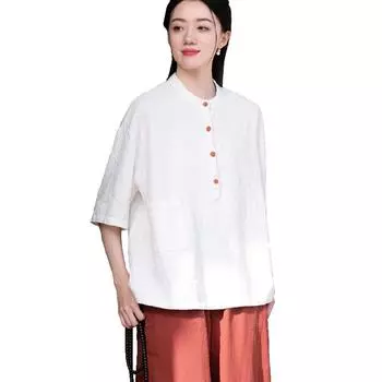Женская хлопково-льняная рубашка с коротким рукавом на пуговицах на пуговицах, круглый вырез, повседневный рабочий топ с карманами L белый