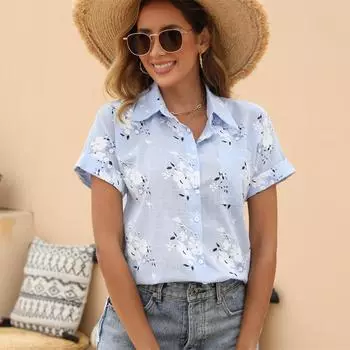 Женская хлопково-льняная рубашка с отложным воротником, однобортная блузка, белые, желтые, синие топы, летние рубашки с короткими рукавами и цветочным принтом S белый