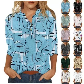 Женская хлопково-льняная женская блузка с нерегулярной геометрической цифровой печатью L жёлтый