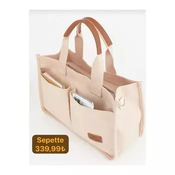 Женская холщовая карманная бежевая большая сумка на плечо