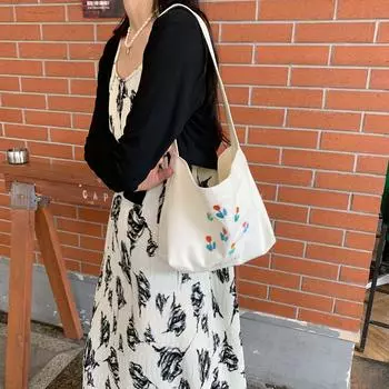 Женская холщовая сумка на одно плечо с милым тюльпаном, простая свежая студенческая сумка-тоут OneSize синий