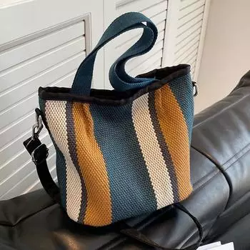 Женская холщовая сумка, новые повседневные сумки через плечо, летняя универсальная сумка-ведро, роскошные дизайнерские пляжные полосатые сумки