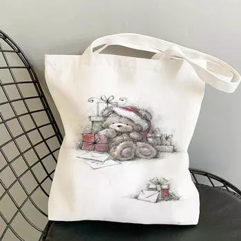 Женская холщовая сумка с изображением медведя Kawaii, хлопчатобумажная ткань, сумки для покупок, многоразовая сумка для покупок большой емкости, женская сумка 24*26cm