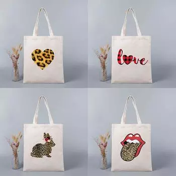 Женская холщовая сумка с леопардовым принтом Love Mouse, эко сумка через плечо для девочек, кошелек-хобо с принтом губ, сумка-тоут, подарок 24*26cm