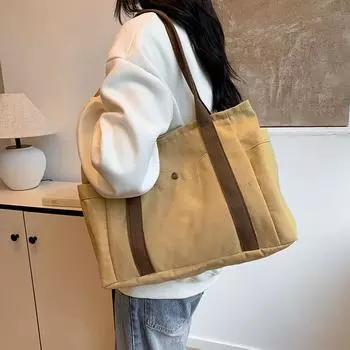 Женская холщовая сумка-тоут: Универсальная вместительная сумка с множеством карманов для студентов и пассажиров No Lining чёрный