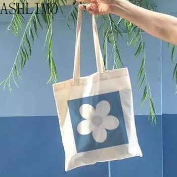 Женская холщовая сумка-тоут в стиле ретро с цветочным принтом, многоразовая сумка-шоппер в корейском стиле, Эстетическая студенческая книжная сумка, элегантная женская сумка 24*26cm