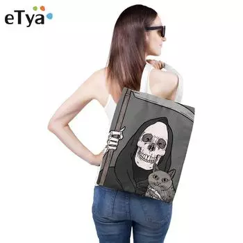 Женская Холстовая Сумка для покупок со скелетом, многоразовые продуктовые сумки для покупок, холщовая большая сумка