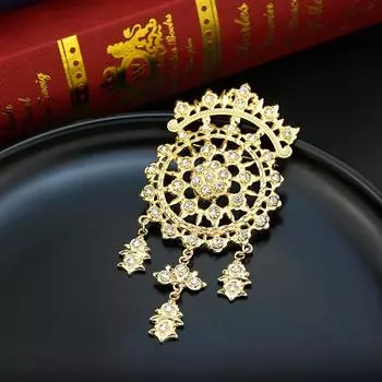 Женская хрустальная брошь золотого цвета с круглым цветком, металлическая коричневая брошь, булавки для хиджаба, свадебные украшения золотой