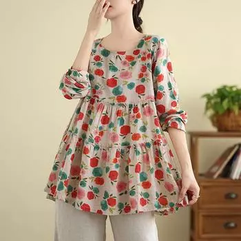 Женская художественная рубашка осень-лето из хлопка и льна с принтом в стиле ретро, свободный утягивающий топ, блузки, рубашки L