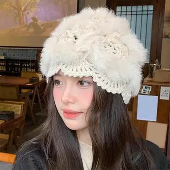 Женская и Девочки Мягкий Искусственный Мех Кролика Открытый Однотонный Зимний Теплый Моющийся Крючок Цветок Шапка