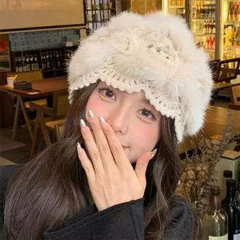 Женская и Девочки Мягкий Искусственный Мех Кролика Открытый Однотонный Зимний Теплый Моющийся Крючок Цветок Шапка