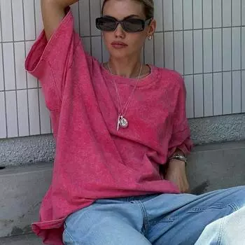 Женская и мужская футболка в стиле ретро из 100% хлопка, мужские и женские винтажные футболки с короткими рукавами и восковым принтом, однотонные свободные футболки в стиле хип-хоп S чёрный