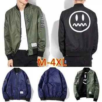 Женская и мужская летная куртка-пилот, куртка-бомбер, свободное пальто со смайликом, носить с обеих сторон XXXL армия зеленый