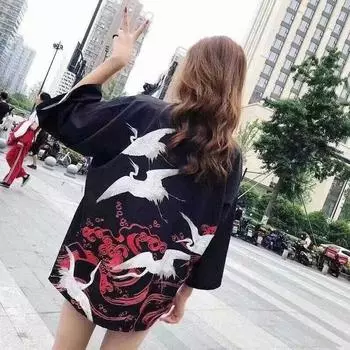 Женская и мужская летняя уличная одежда для пар, кимоно, кардиган, солнцезащитная одежда, японская длинная рубашка, одежда с узором «журавль», кимоно с разрезом, свободное L чёрный