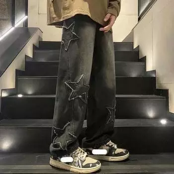 Женская и мужская одежда Y2K, мешковатые джинсы со звездами, брюки в американском стиле с вышивкой, корейская модная одежда, брюки для мытья полов для мужчин S синий