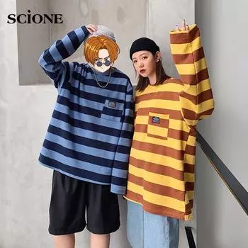 Женская и мужская полосатая футболка унисекс, женская футболка в японском стиле с длинными рукавами, женский свободный топ в стиле Харадзюку S синий