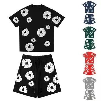 Женская и мужская повседневная свободная футболка с принтом и шорты, состоящая из двух частей, тренд уличной моды, с короткими рукавами + шорты L красный