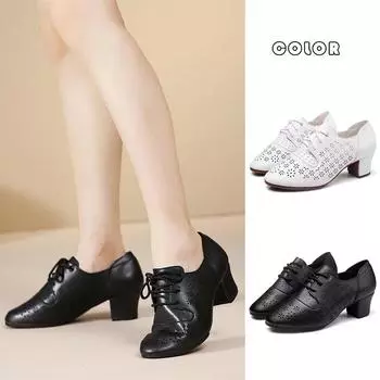 Женская и женская современная обувь для бальных танцев на среднем каблуке 5 см, черно-белая кожаная обувь с цветочным принтом, обувь для учителей 34 чёрный