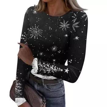 Женская и зимняя футболка с тонким низом, модная повседневная футболка с рождественским принтом и круглым вырезом, длинный рукав L чёрный