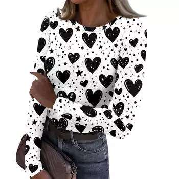 Женская и зимняя футболка с тонким низом, модная повседневная футболка с градиентным принтом и круглым вырезом, пуловер с длинным рукавом L чёрный