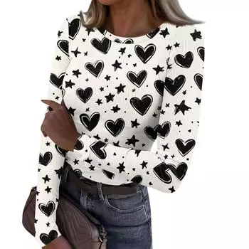 Женская и зимняя футболка с тонким низом, модная повседневная футболка с градиентным принтом и круглым вырезом, пуловер с длинным рукавом L чёрный