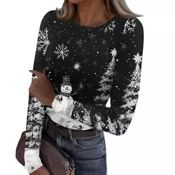 Женская и зимняя футболка с тонким низом, модная повседневная футболка с градиентным принтом и круглым вырезом, пуловер с длинным рукавом L чёрный