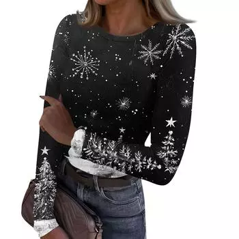 Женская и зимняя футболка с тонким низом, модная повседневная футболка с градиентным принтом и круглым вырезом, пуловер с длинным рукавом L чёрный