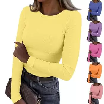 Женская и зимняя футболка с тонким низом, модный повседневный однотонный свитер с круглым вырезом и длинными рукавами L синий