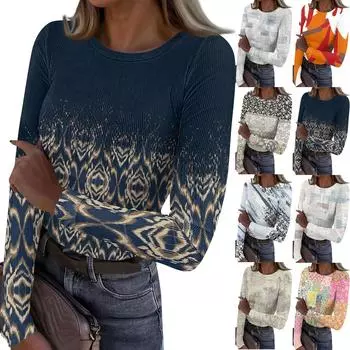 Женская и зимняя футболка с тонким низом, модная повседневная футболка с круглым вырезом и принтом, длинный рукав L синий