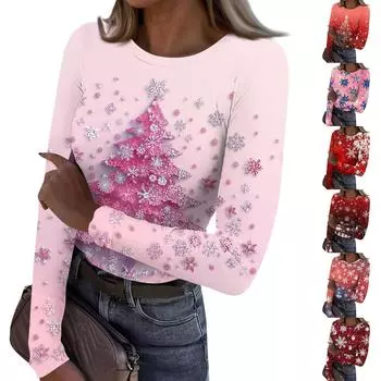 Женская и зимняя футболка с тонким низом, модная повседневная футболка с градиентным принтом и круглым вырезом, пуловер с длинным рукавом XXL красный