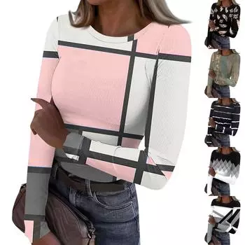 Женская и зимняя футболка с тонким низом, модная повседневная футболка с круглым вырезом и принтом, длинный рукав L чёрный