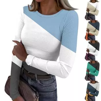 Женская и зимняя футболка с тонким низом, модная повседневная футболка с градиентным принтом и круглым вырезом, пуловер с длинным рукавом L циан