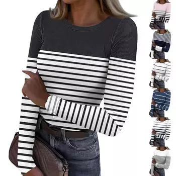 Женская и зимняя футболка с тонким низом, модная повседневная футболка с градиентным принтом и круглым вырезом, пуловер с длинным рукавом L чёрный