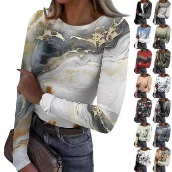 Женская и зимняя футболка с тонким низом, модная повседневная футболка с градиентным принтом и круглым вырезом, пуловер с длинным рукавом L чёрный