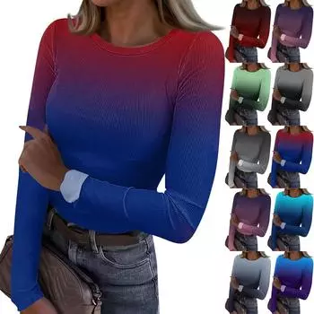 Женская и зимняя футболка с тонким низом, модная повседневная футболка с градиентным принтом и круглым вырезом, пуловер с длинным рукавом L темно-фиолетового