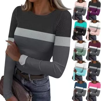 Женская и зимняя футболка с тонким низом, модная повседневная футболка с градиентным принтом и круглым вырезом, пуловер с длинным рукавом L циан