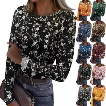 Женская и зимняя футболка с тонким низом, модная повседневная футболка с градиентным принтом и круглым вырезом, пуловер с длинным рукавом L чёрный