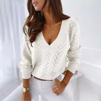 Женская и зимняя мода однотонный полый V-образный вырез длинный рукав вязаный свитер XXXL