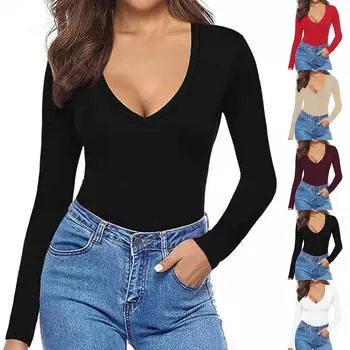 Женская и зимняя мода Тонкий V-образный вырез однотонный длинный рукав нижняя часть вниз рубашка свитшот топ M белый