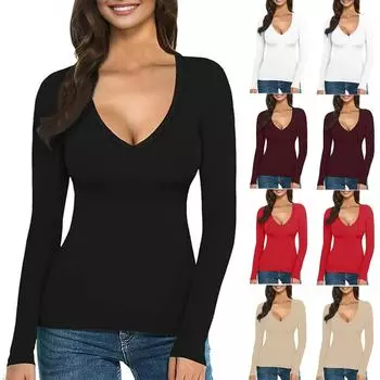 Женская и зимняя мода Тонкий V-образный вырез однотонный длинный рукав нижняя часть вниз рубашка свитшот топ L чёрный