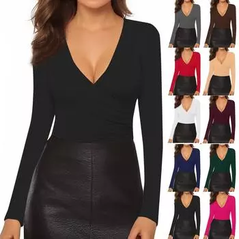 Женская и зимняя мода Тонкий V-образный вырез однотонный длинный рукав нижняя часть вниз рубашка свитшот топ L чёрный
