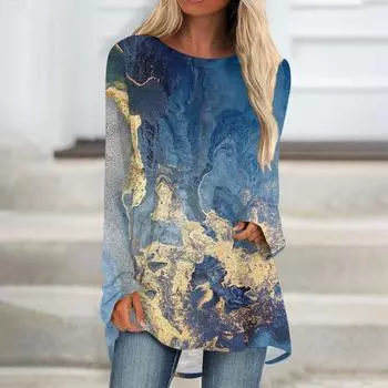 Женская и зимняя повседневная длинная свободная футболка с длинными рукавами и V-образным вырезом L синий