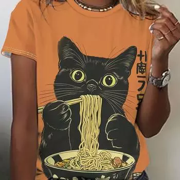 Женская игривая футболка с рисунком японской кошки, поедающей рамэн - повседневный оранжевый полиэстер, короткий рукав, круглый вырез, удобная футболка для весны/лета S