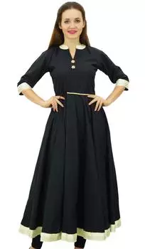 Женская индийская этническая хлопковая куртка Bimba Long Anarkali Kurti с деревянным поясом из бисера | Черный| 10 чёрный