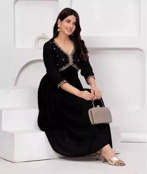 Женская индийская пакистанская верхняя туника, украшенная искусственным шелком, анаркали, курта, праздничная одежда, этническая курти S чёрный