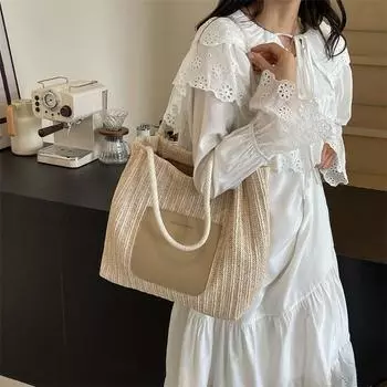 Женская интернет-сумка знаменитостей большой вместимости в 2024 году, новая модная тканая модная женская сумка на одно плечо, повседневная и стильная соломенная тканая сумка