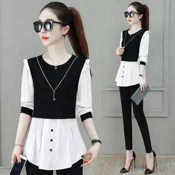 Женская искусственная блузка из двух предметов, весенне-осенняя новая модная рубашка с длинным рукавом и круглым воротником, темпераментный топ L хаки