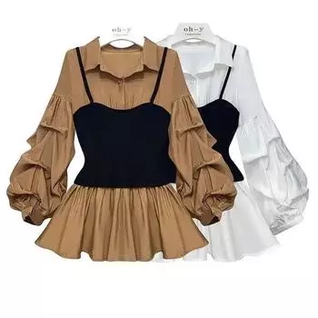 Женская искусственная рубашка из двух частей Danmo, повседневная и элегантная талия, утягивающая талию, с рукавами-фонариками, с отворотом, в тон, в стиле пэчворк, искусственная блузка размера плюс XXXL белый