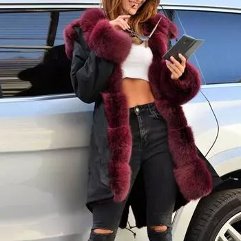 Женская искусственная зимняя куртка с капюшоном, пальто с длинными рукавами и рыбьим хвостом S чёрный